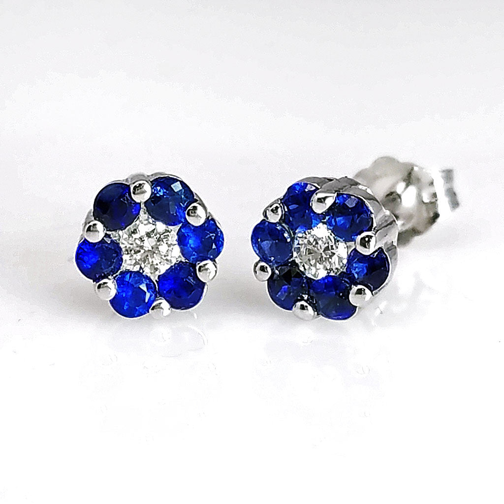 "EARR03348" Sapphire Diamond Floral Motif Post Studs Earrings