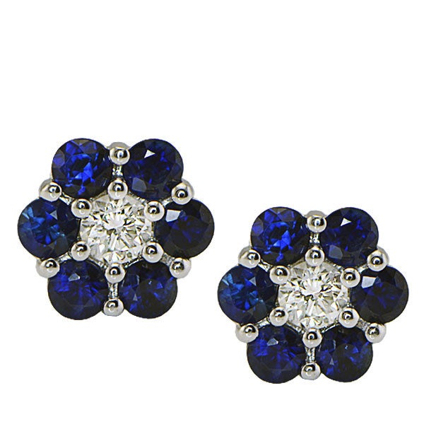 "EARR03350" Blue Sapphire Flower Motif Diamond Earrings