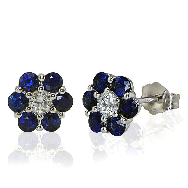 "EARR03350" Blue Sapphire Flower Motif Diamond Earrings