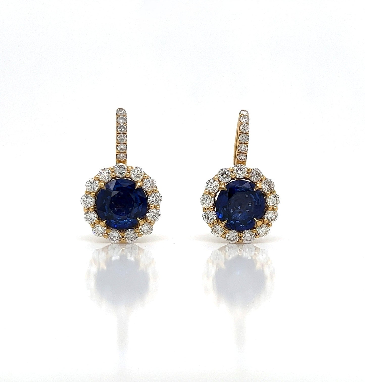 6.23 Total Carat Blue Sapphire and Diamond Halo Pave Earrings in 18K Gold