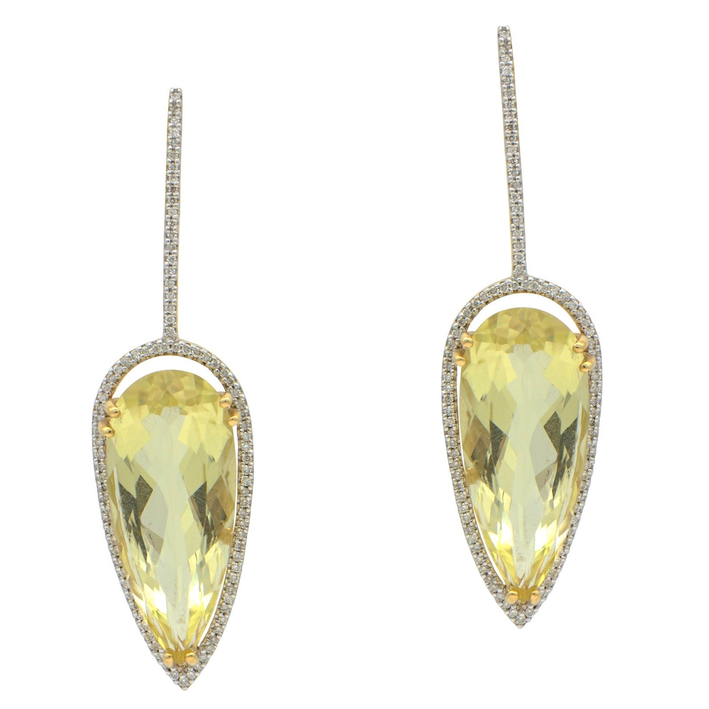 "EARR03368" Pear Shaped Peridot Drop Earrings in 18K Yellow Gold with Diamond Pave