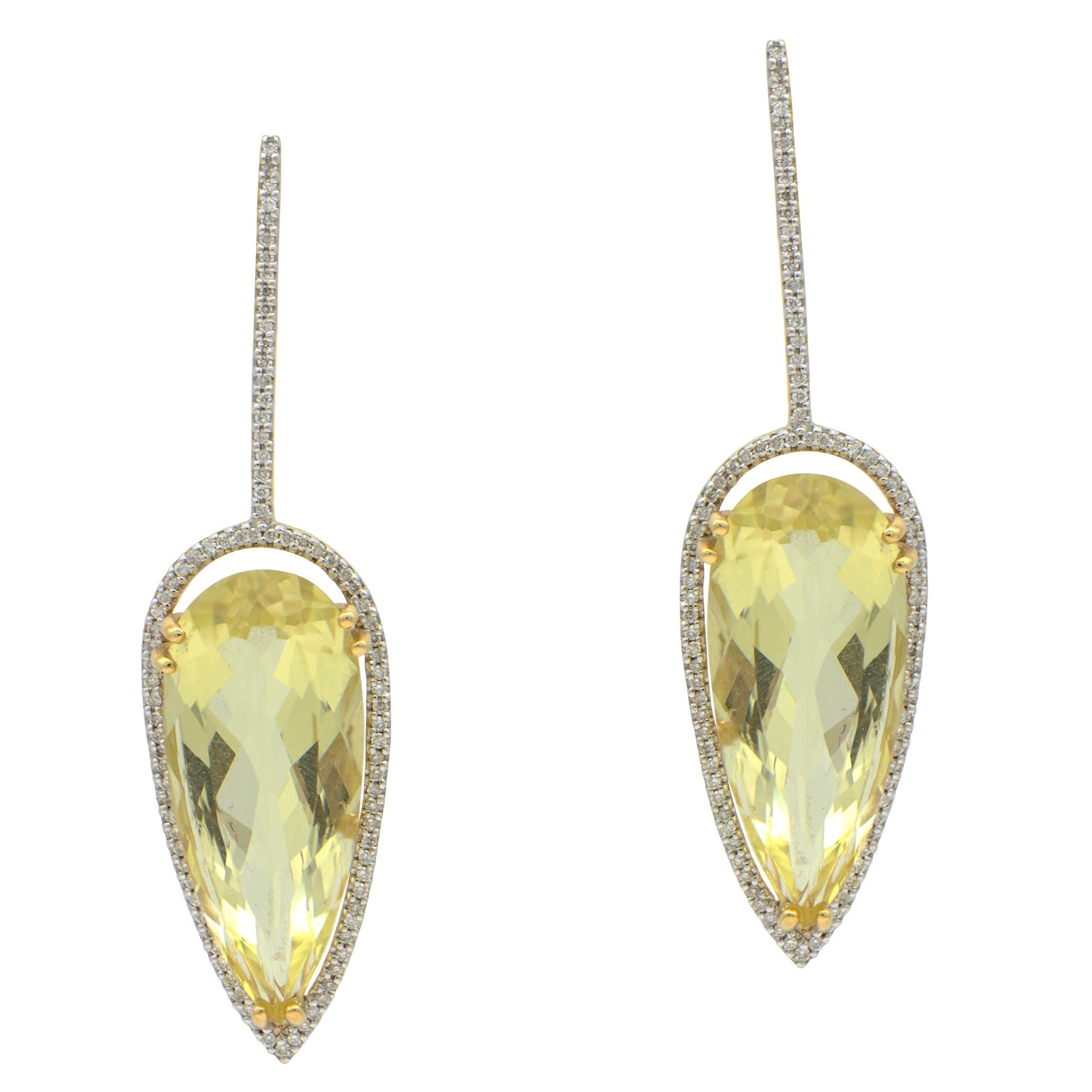 "EARR03368" Pear Shaped Peridot Drop Earrings in 18K Yellow Gold with Diamond Pave
