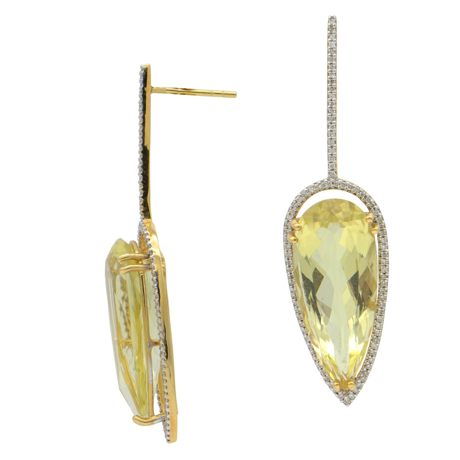 "EARR03368" Pear Shaped Peridot Drop Earrings in 18K Yellow Gold with Diamond Pave