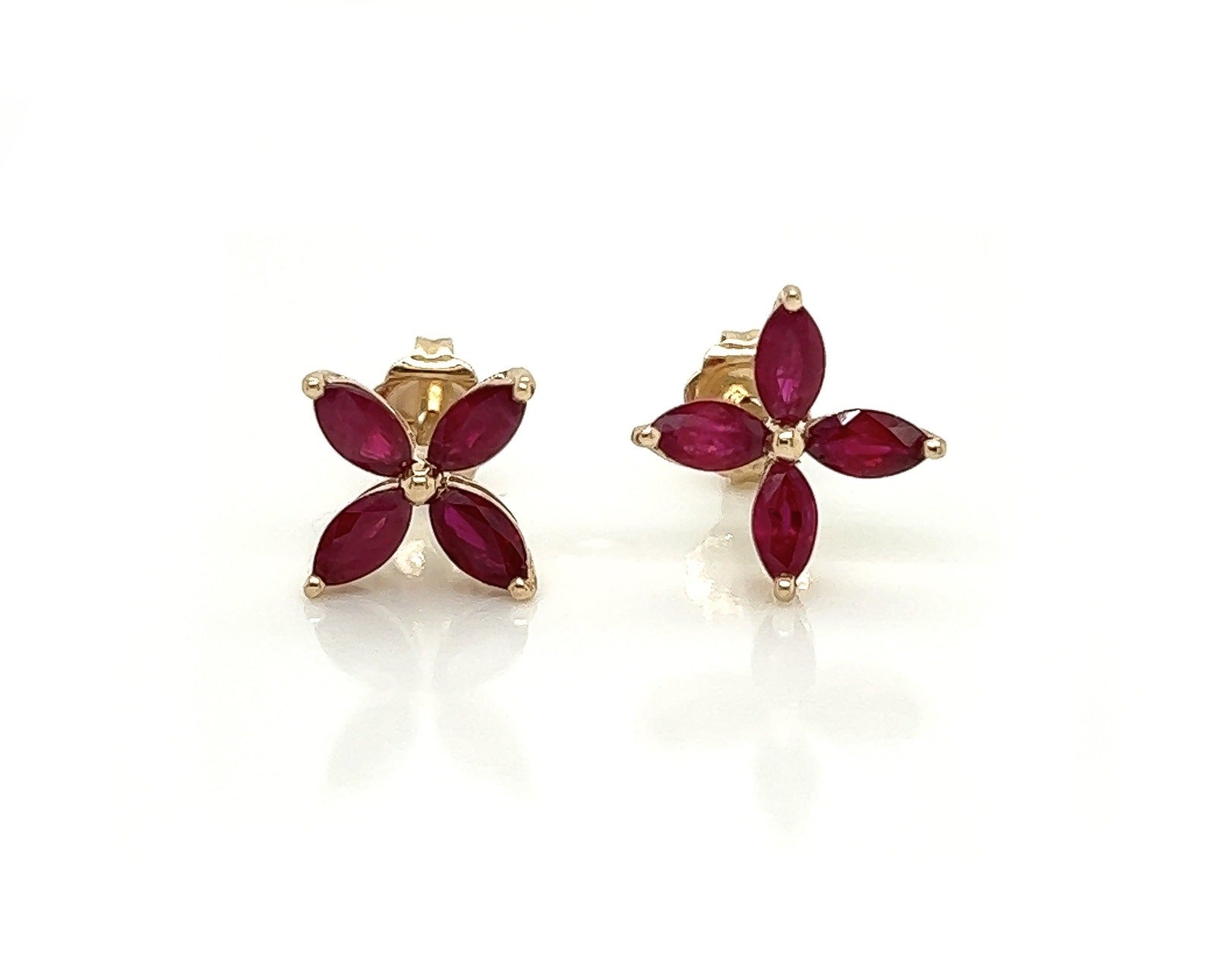 2.05 Total Carat Ruby Flower Motif Pushback Earrings in 14K Yellow Gold