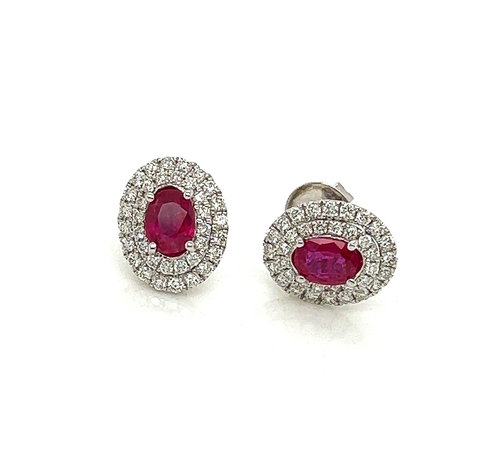 1.58 Total Carat Oval Ruby and Diamond Pushback Earrings in 18K White Gold