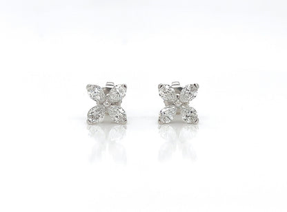 1.22 Carat Flower Shaped Diamond Stud Earrings in 18K White Gold