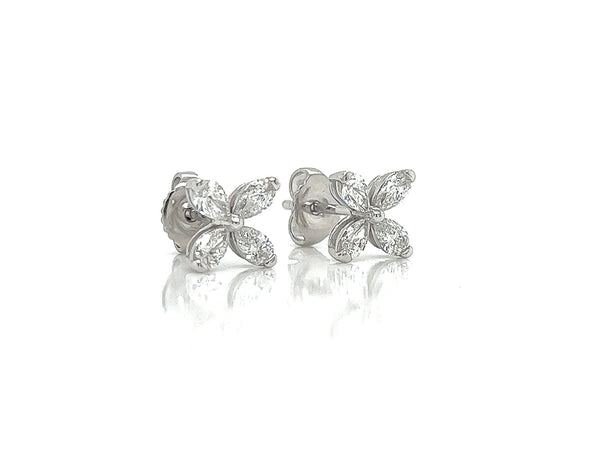 0.87 Carat Flower Shaped Diamond Stud Earrings in 18K White Gold
