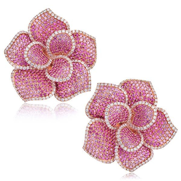 "EARR454FL" Diamond And Sapphire Flower Earrings In 18k Rose Gold