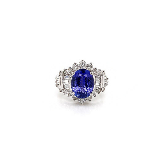 6.18 Total Carat Tanzanite and Diamond Ladies Engagement Ring in 14K White Gold