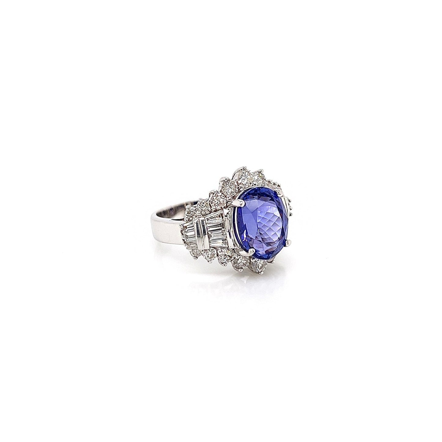 6.18 Total Carat Tanzanite and Diamond Ladies Engagement Ring in 14K White Gold