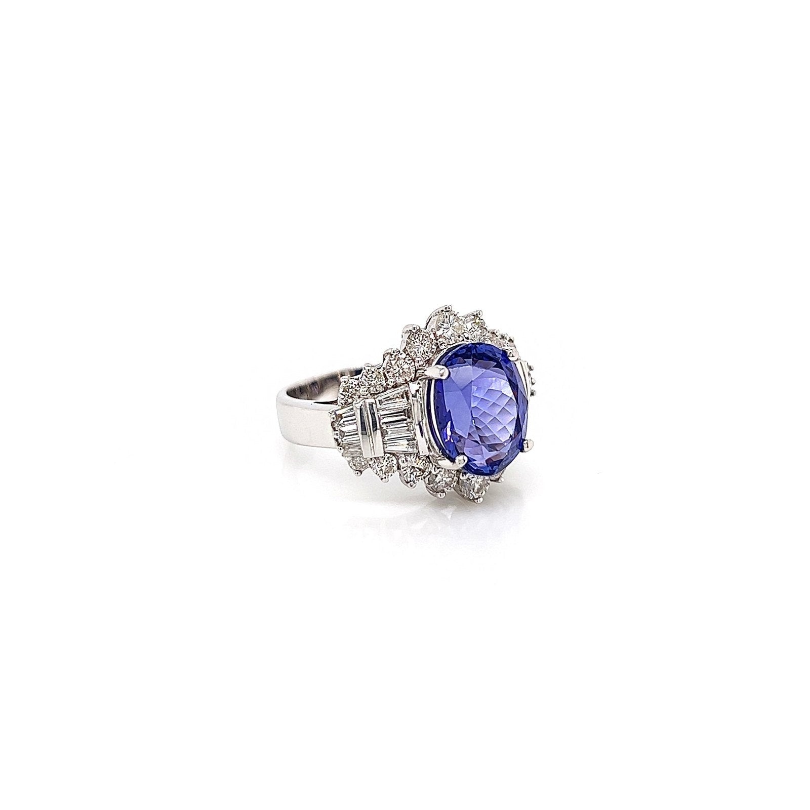 6.18 Total Carat Tanzanite and Diamond Ladies Engagement Ring in 14K White Gold
