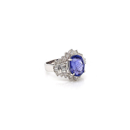 6.18 Total Carat Tanzanite and Diamond Ladies Engagement Ring in 14K White Gold