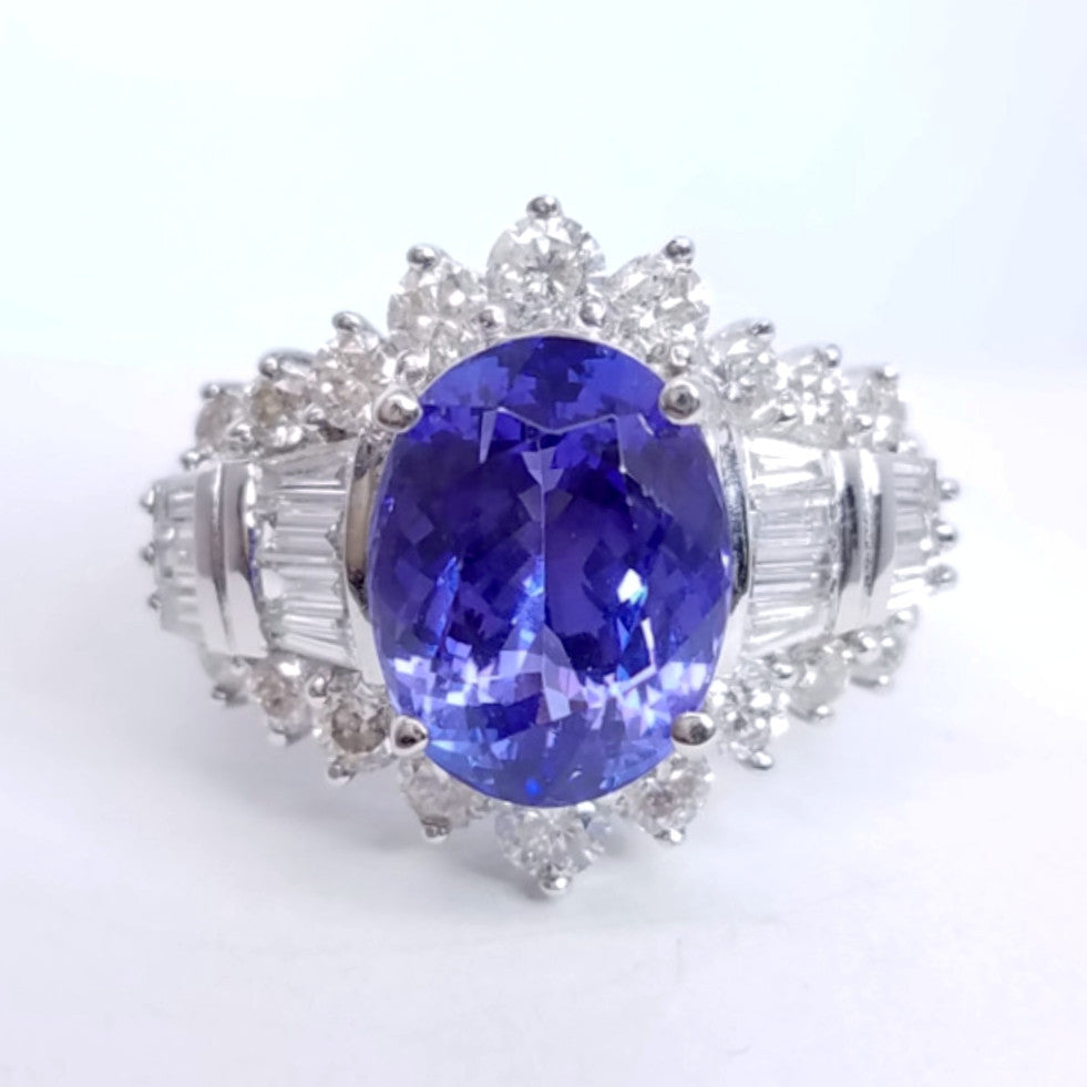 6.18 Total Carat Tanzanite and Diamond Ladies Engagement Ring in 14K White Gold