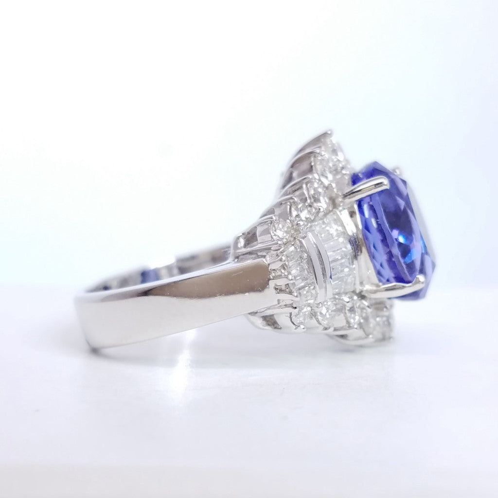 6.18 Total Carat Tanzanite and Diamond Ladies Engagement Ring in 14K White Gold