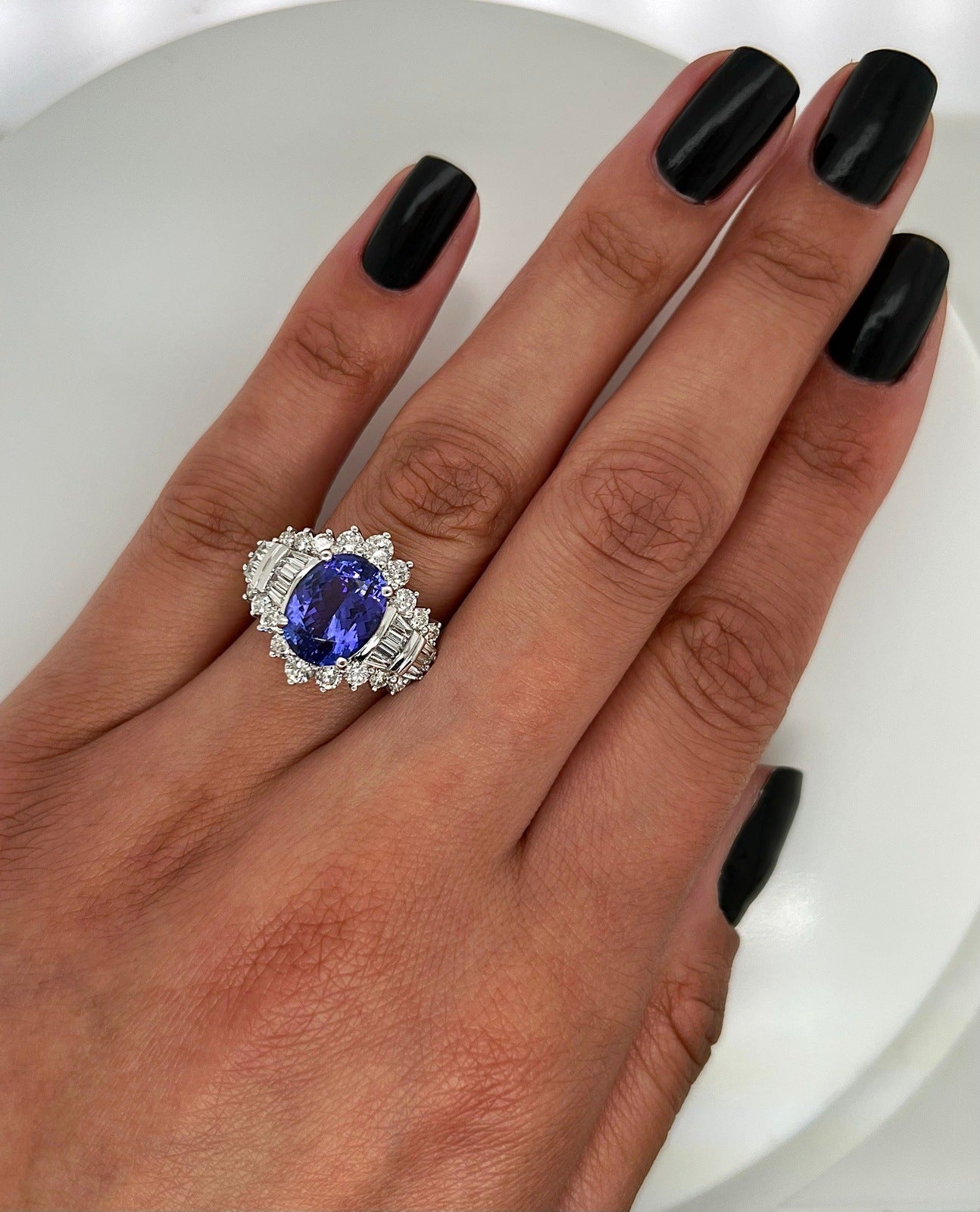 6.18 Total Carat Tanzanite and Diamond Ladies Engagement Ring in 14K White Gold