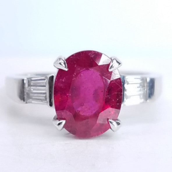 "ENGR01357" Three Stone Oval Ruby Diamond Ring