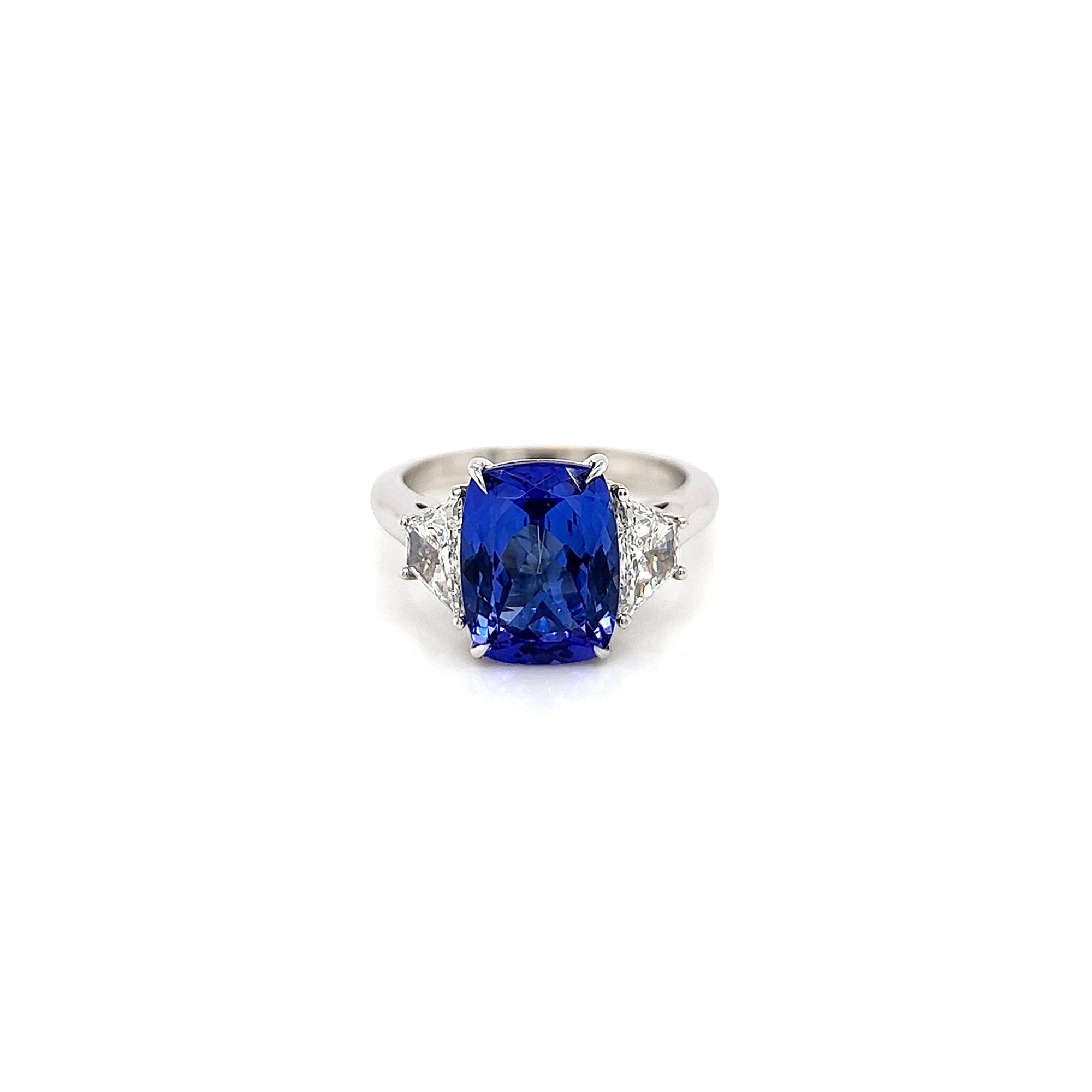 5.12 Total Carat Three Stone Blue Tanzanite-Diamond Ring