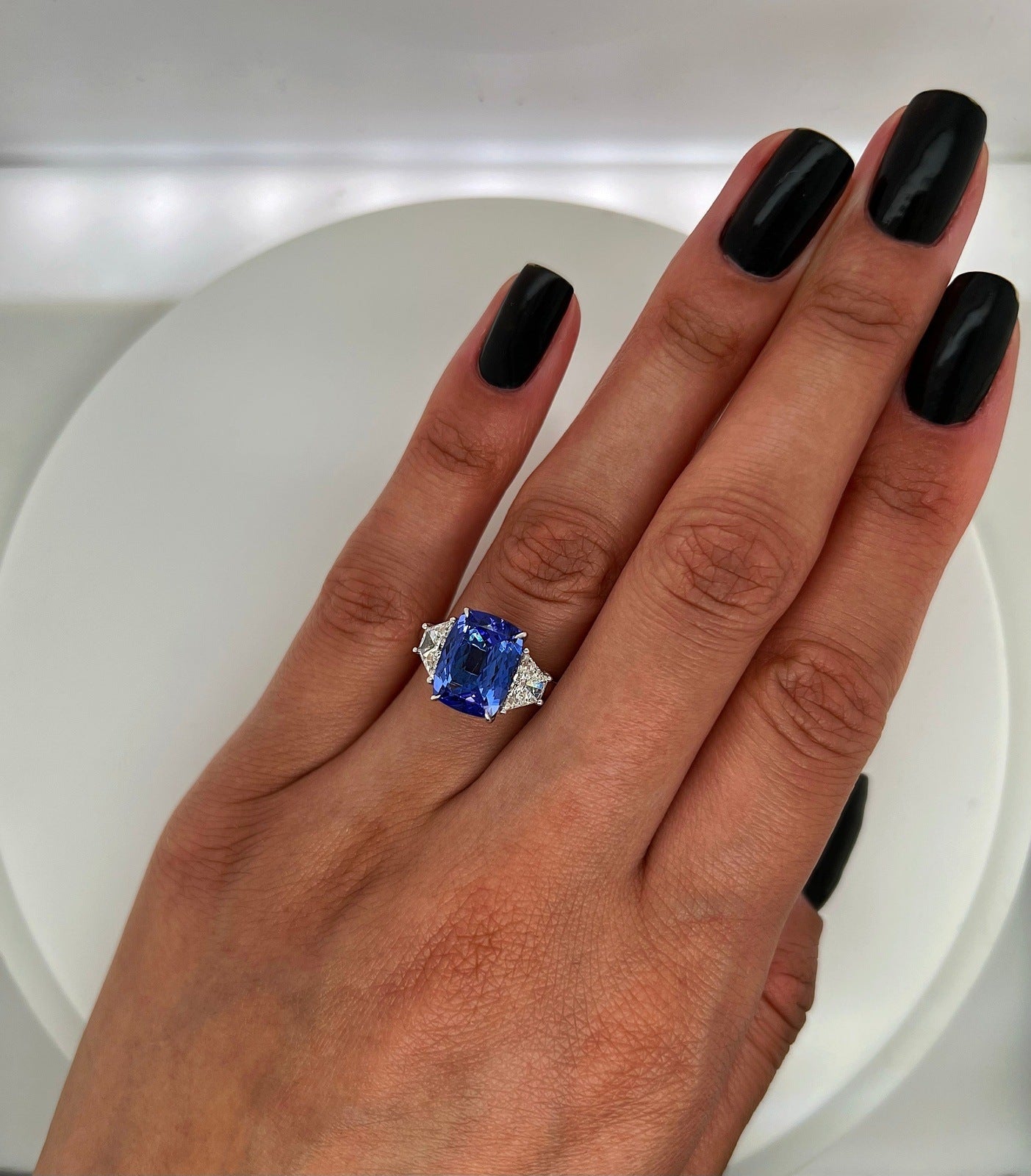 5.12 Total Carat Three Stone Blue Tanzanite-Diamond Ring