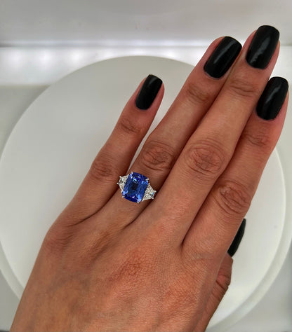 5.12 Total Carat Three Stone Blue Tanzanite-Diamond Ring