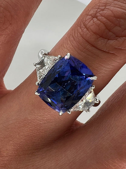 5.12 Total Carat Three Stone Blue Tanzanite-Diamond Ring