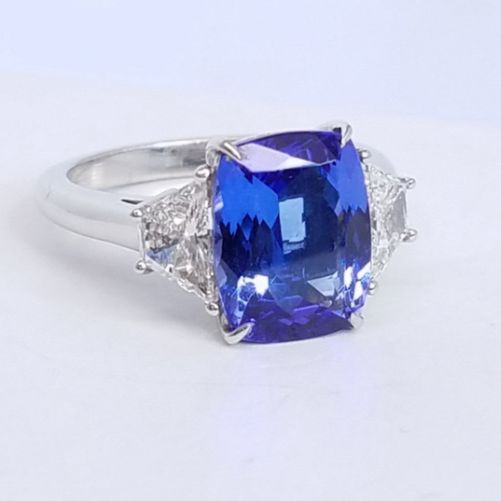 5.12 Total Carat Three Stone Blue Tanzanite-Diamond Ring