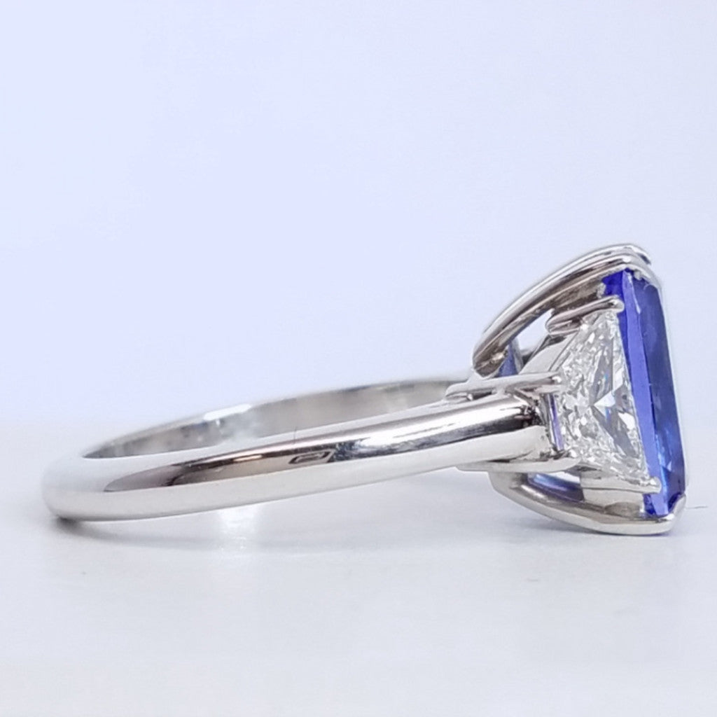 5.12 Total Carat Three Stone Blue Tanzanite-Diamond Ring