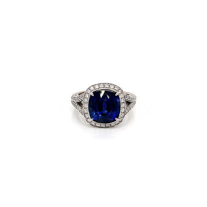 7.09 Total Carat Sapphire and Diamond Halo Pave-Set Ladies Engagement Ring