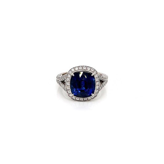 7.09 Total Carat Sapphire and Diamond Halo Pave-Set Ladies Engagement Ring