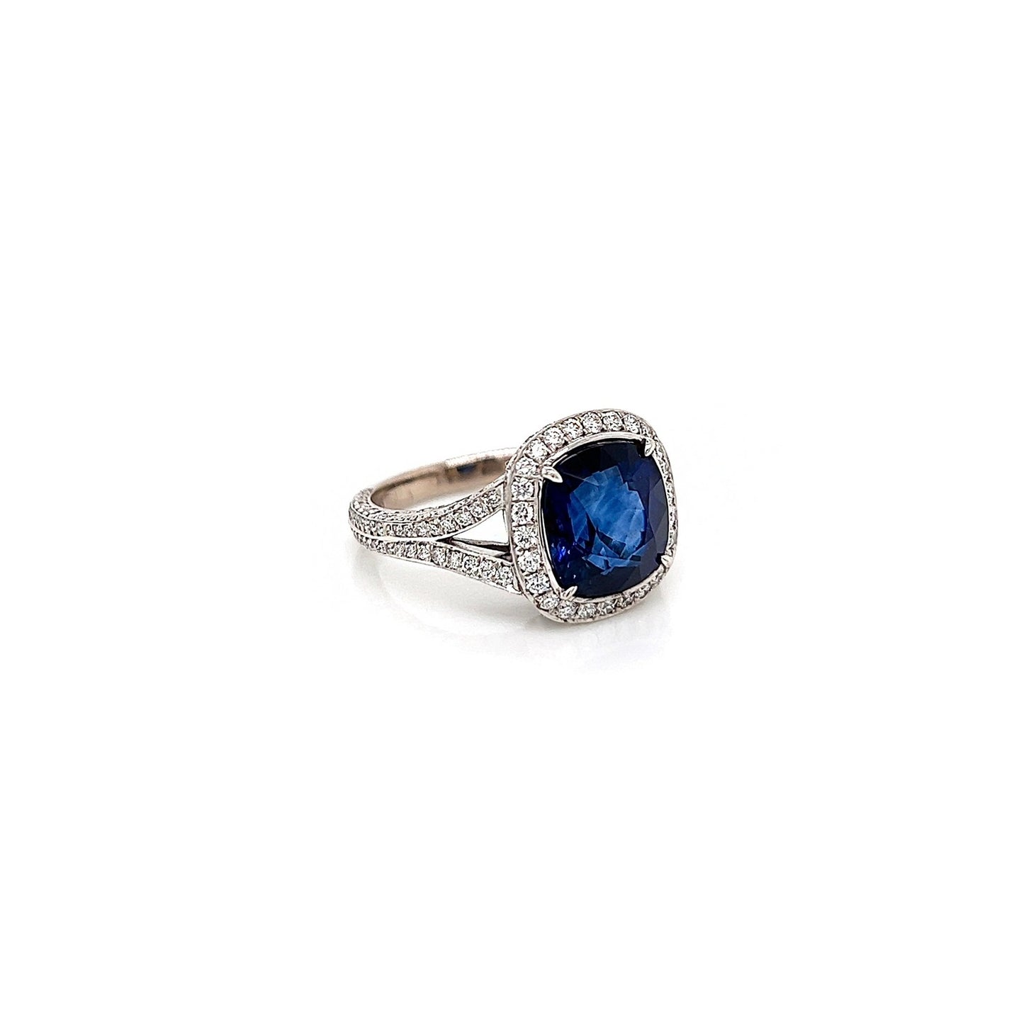 7.09 Total Carat Sapphire and Diamond Halo Pave-Set Ladies Engagement Ring