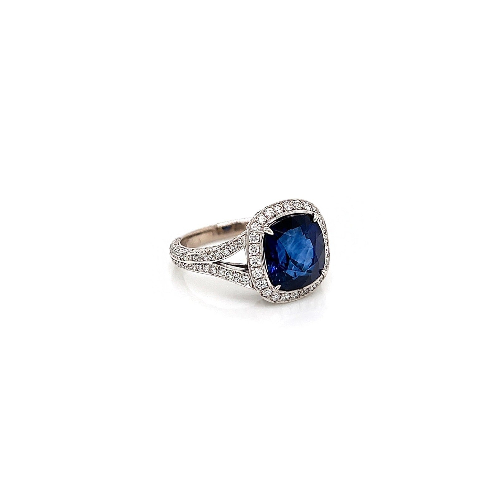 7.09 Total Carat Sapphire and Diamond Halo Pave-Set Ladies Engagement Ring