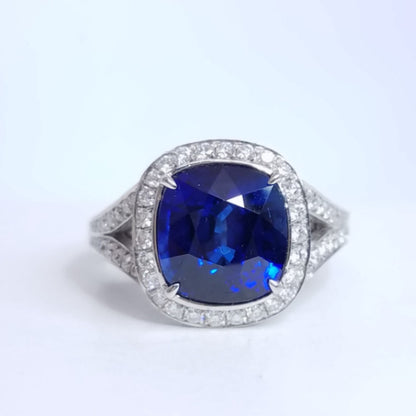 7.09 Total Carat Sapphire and Diamond Halo Pave-Set Ladies Engagement Ring