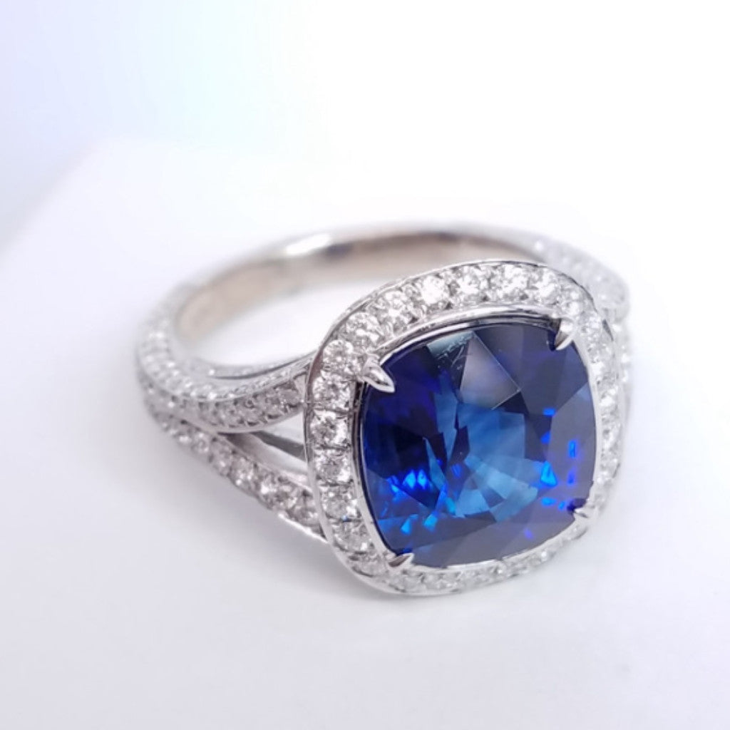 7.09 Total Carat Sapphire and Diamond Halo Pave-Set Ladies Engagement Ring