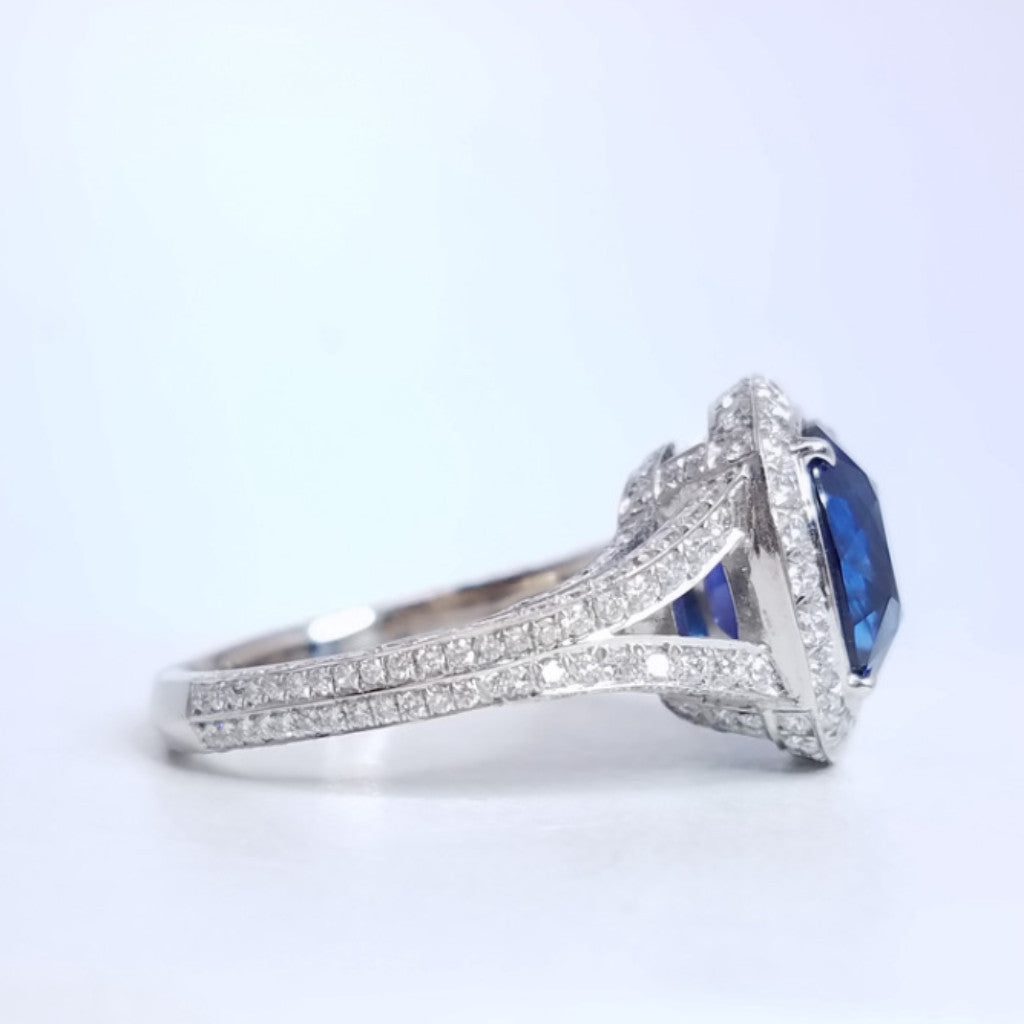 7.09 Total Carat Sapphire and Diamond Halo Pave-Set Ladies Engagement Ring