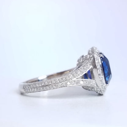 7.09 Total Carat Sapphire and Diamond Halo Pave-Set Ladies Engagement Ring