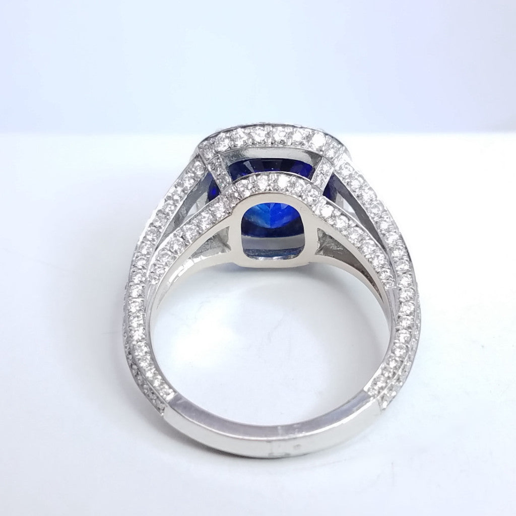 7.09 Total Carat Sapphire and Diamond Halo Pave-Set Ladies Engagement Ring