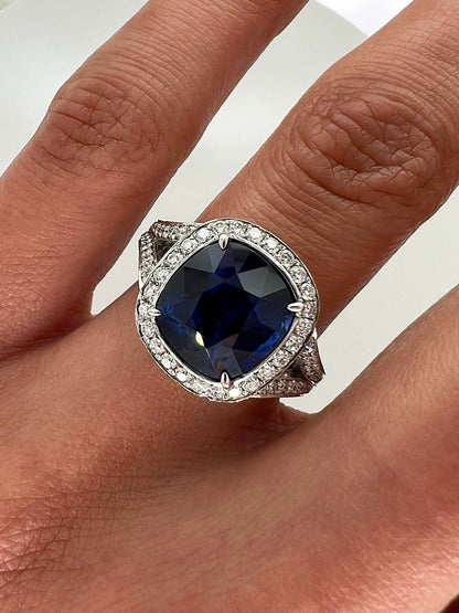 7.09 Total Carat Sapphire and Diamond Halo Pave-Set Ladies Engagement Ring