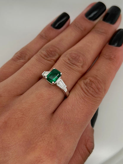 2.17 Total Carat Green Emerald Ladies Three Stone Ring, GIA