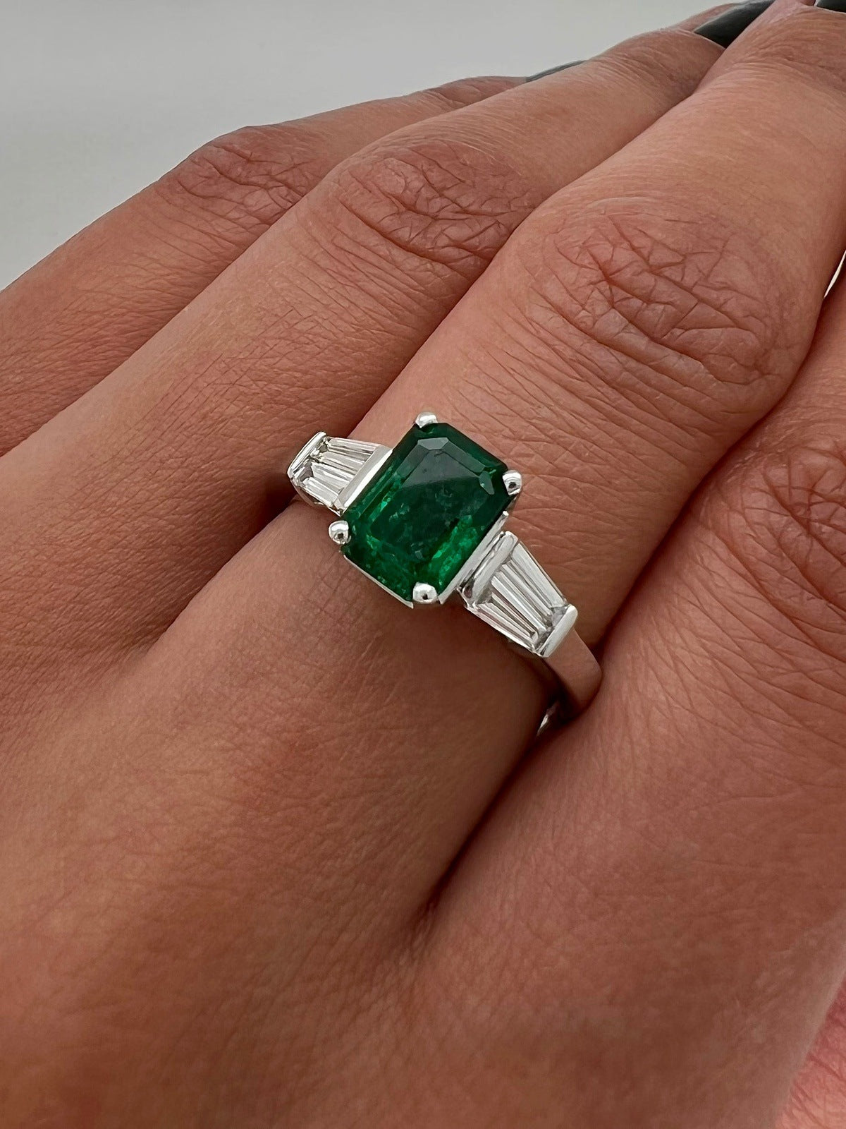 2.17 Total Carat Green Emerald Ladies Three Stone Ring, GIA