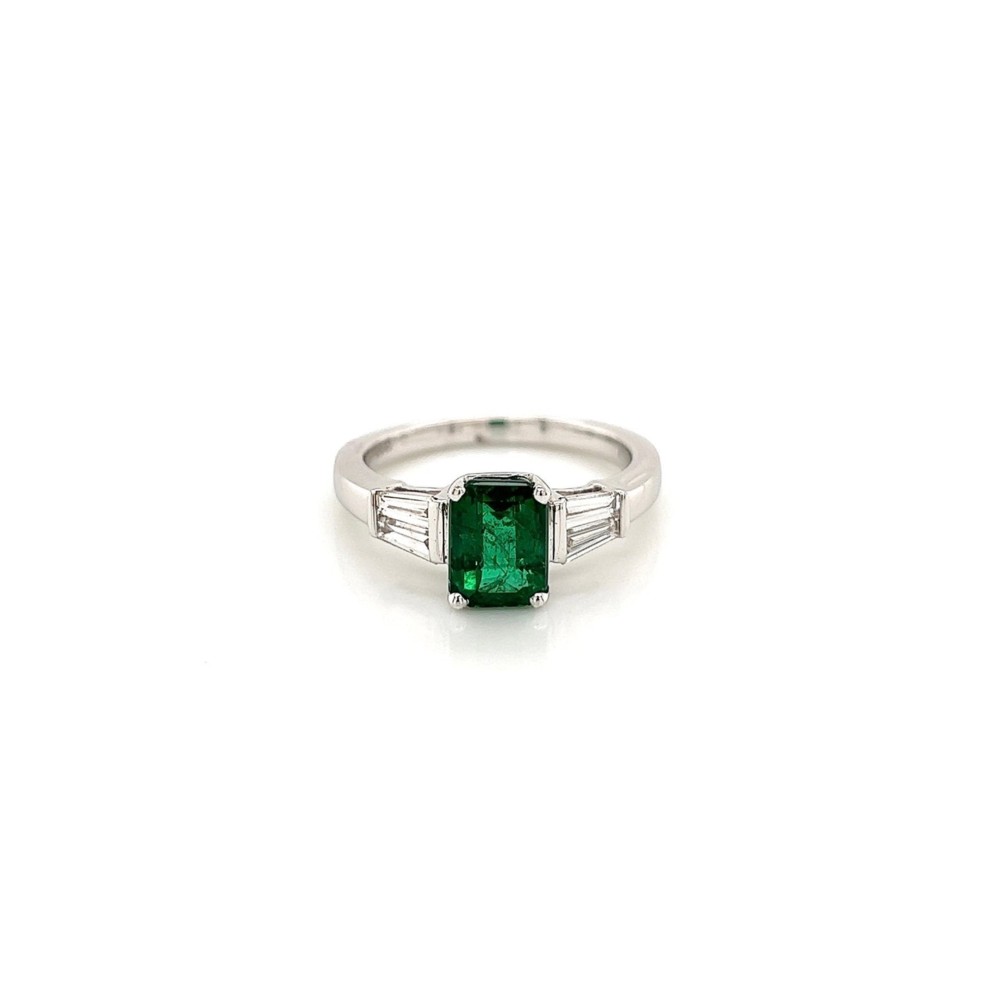 2.17 Total Carat Green Emerald Ladies Three Stone Ring, GIA