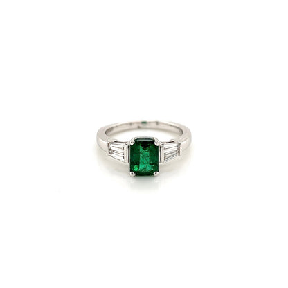 2.17 Total Carat Green Emerald Ladies Three Stone Ring, GIA