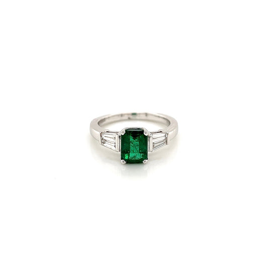 2.17 Total Carat Green Emerald Ladies Three Stone Ring, GIA