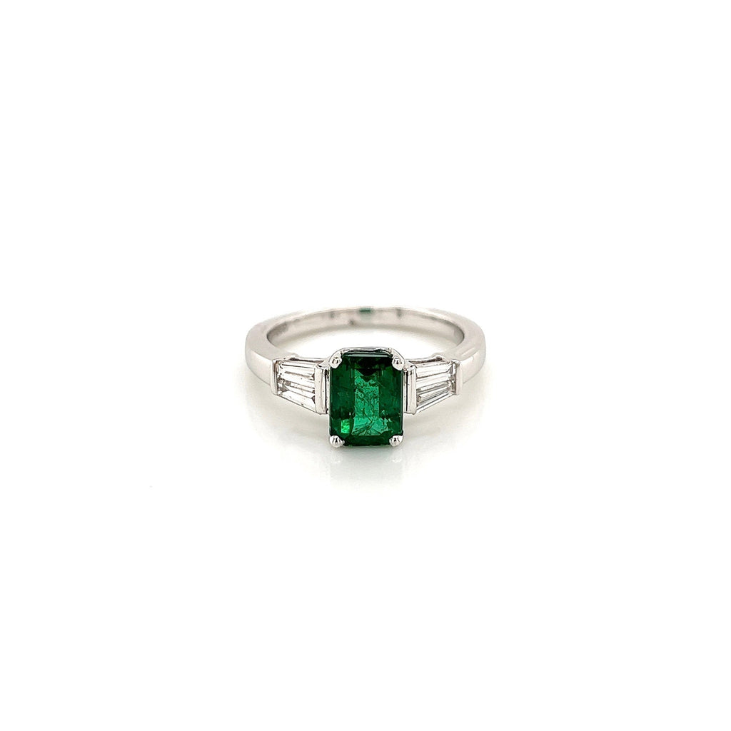 2.17 Total Carat Green Emerald Ladies Three Stone Ring, GIA