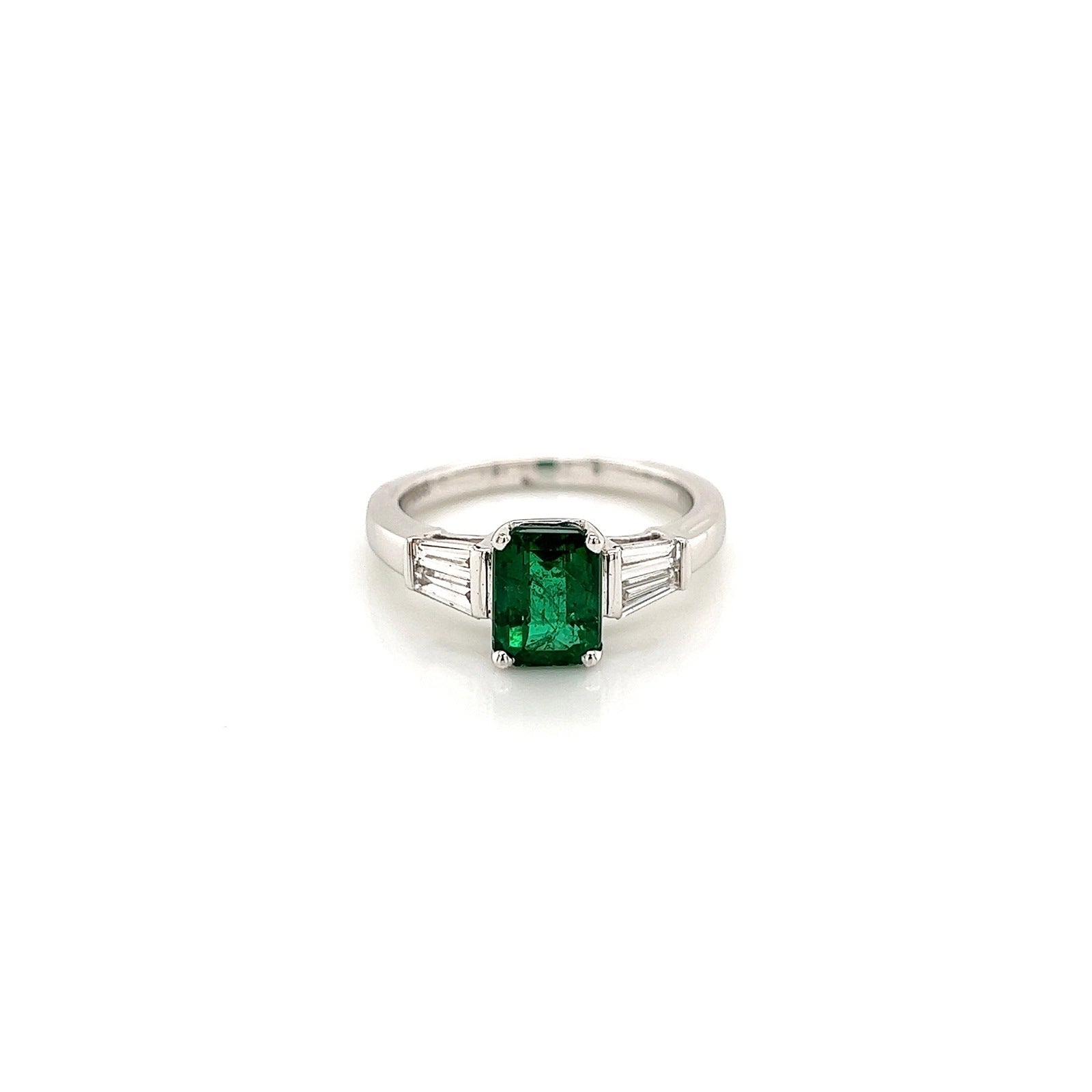 2.17 Total Carat Green Emerald Ladies Three Stone Ring, GIA