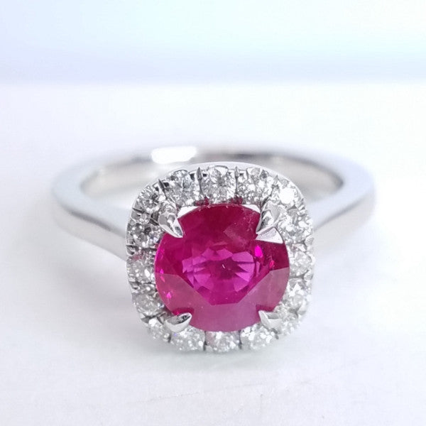 1.82 Total Carat Ruby and Diamond Halo Ladies Engagement Ring