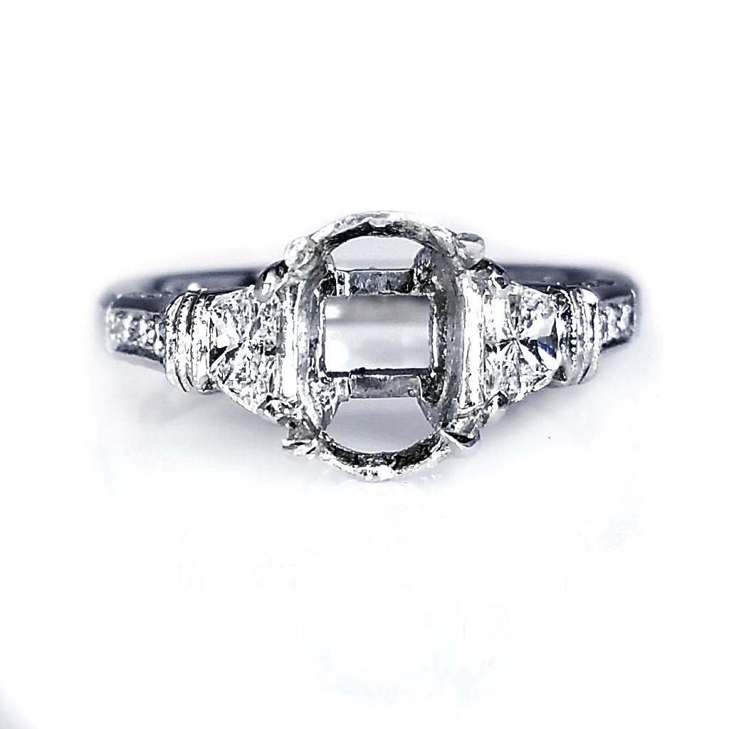 "ENGR02122" Platinum Vintage Style Oval Three Stone Engagement Ring Setting