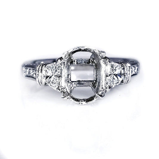 "ENGR02122" Platinum Vintage Style Oval Three Stone Engagement Ring Setting
