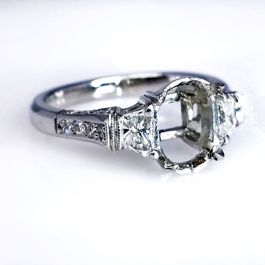 "ENGR02122" Platinum Vintage Style Oval Three Stone Engagement Ring Setting