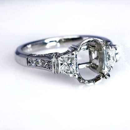 "ENGR02122" Platinum Vintage Style Oval Three Stone Engagement Ring Setting