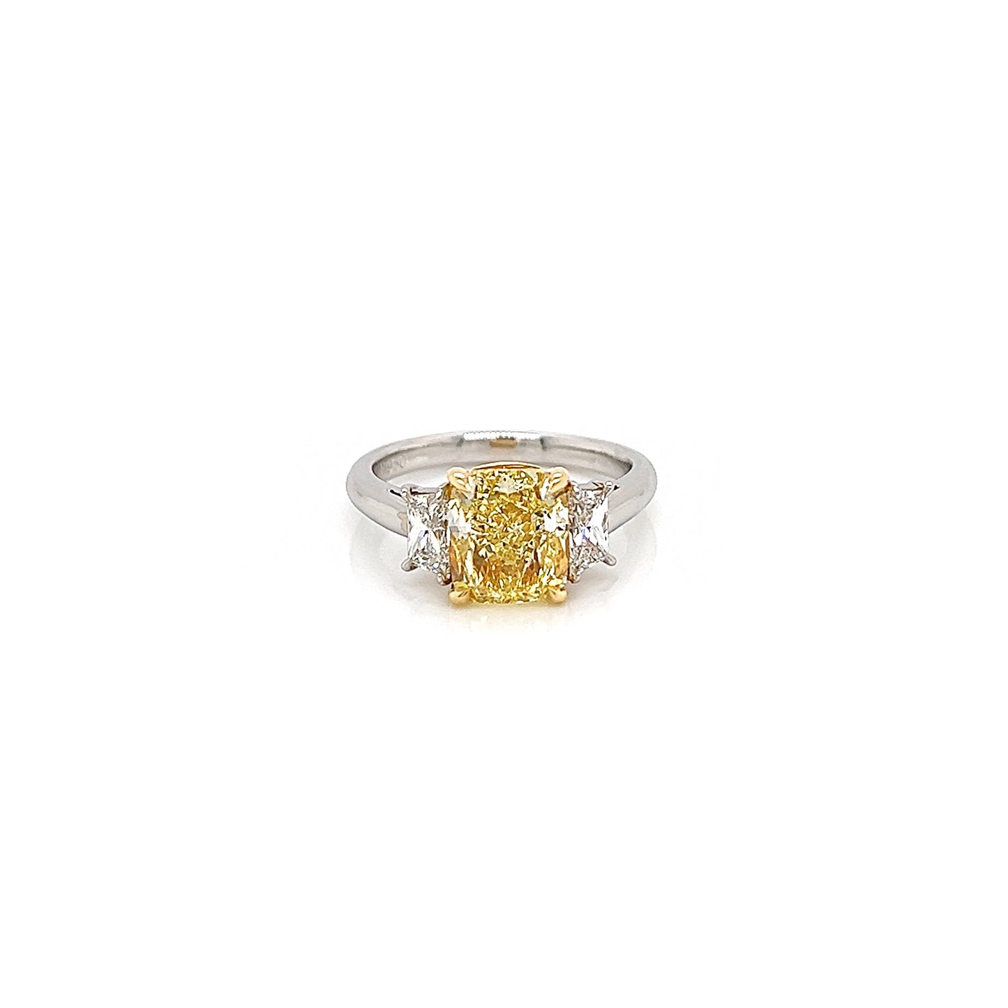 3.61 Total Carat Fancy Yellow Diamond Three-Stone Ladies Engagement Ring, GIA Certified