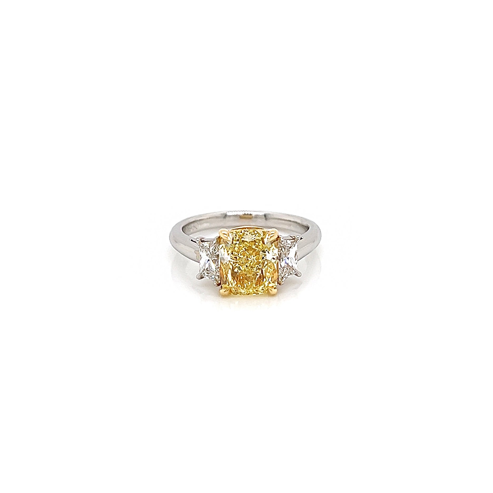 3.61 Total Carat Fancy Yellow Diamond Three-Stone Ladies Engagement Ring, GIA Certified